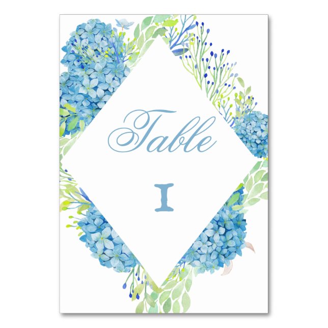 Blue Hydrangea Sophisticated Wedding Table Number (Front)
