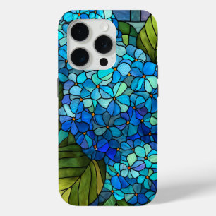 Blue Hydrangea Stained Glass Design iPhone 15 Pro Case