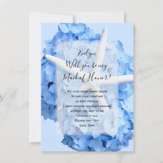Blue Hydrangea Starfish Be My Bridesmaid Card 