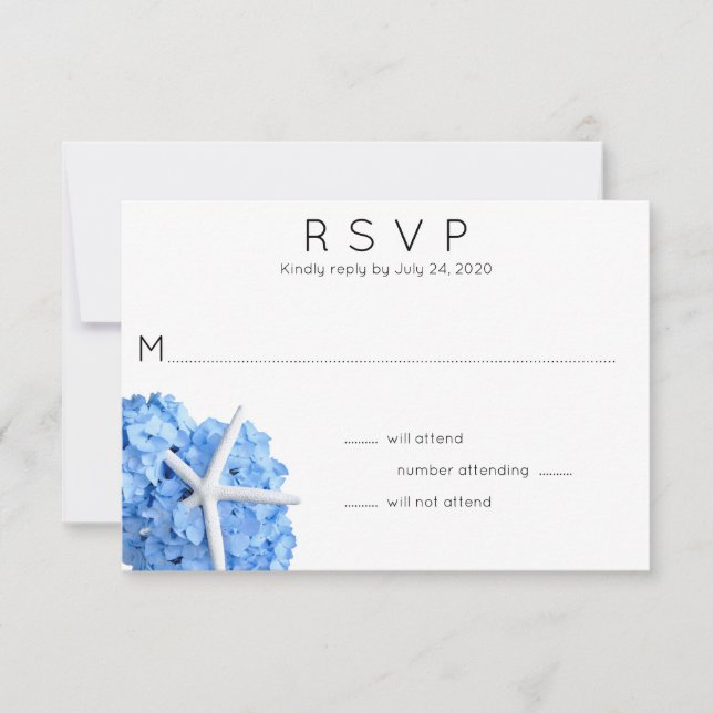Blue Hydrangea Starfish Wedding RSVP Card (Front)
