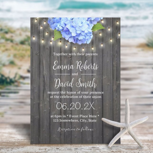 Blue Hydrangea & String Lights Barn Wood Wedding Invitation (Creator Uploaded)