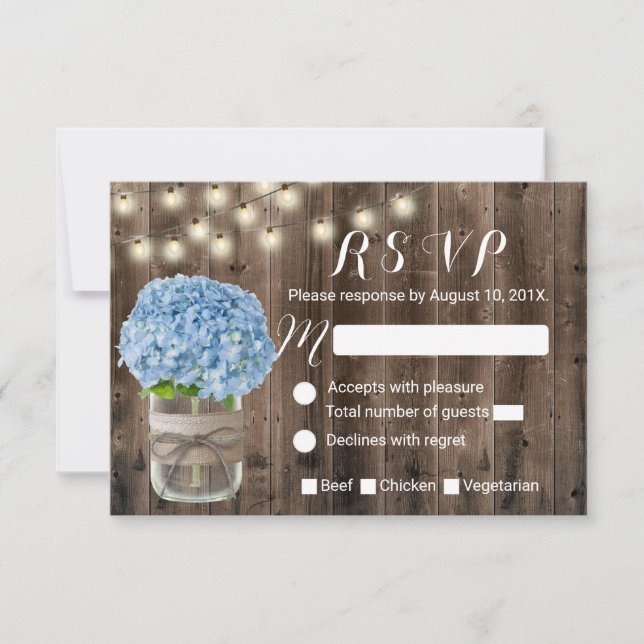 Blue Hydrangea & String Lights Rustic Wood RSVP Card (Front)