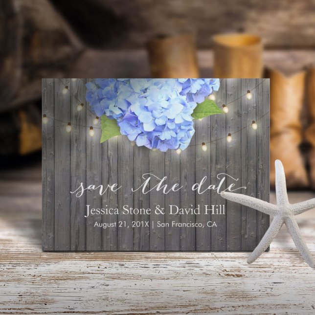 Blue Hydrangea & String Lights Wood Save the Date Announcement Postcard (Creator Uploaded)