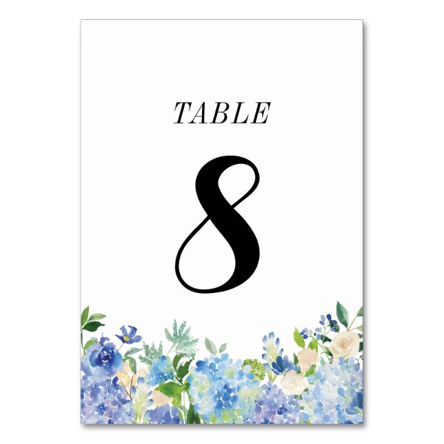 Blue Hydrangea Table Number Card - Table Eight (Front)