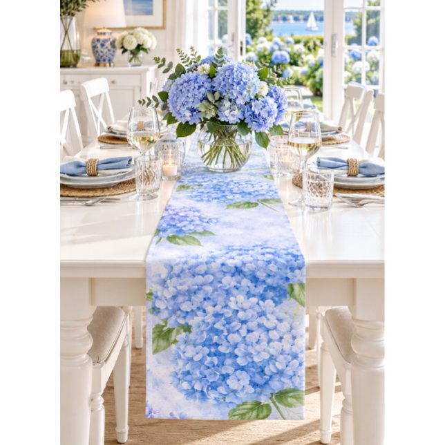 Blue Hydrangea Table Runner | Floral Table Linens (Blue hydrangea table runner for elegant entertaining, garden parties and floral table styling.)