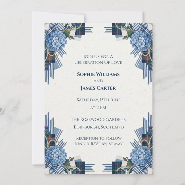 Blue Hydrangea Tartan Wedding Invitation (Front)
