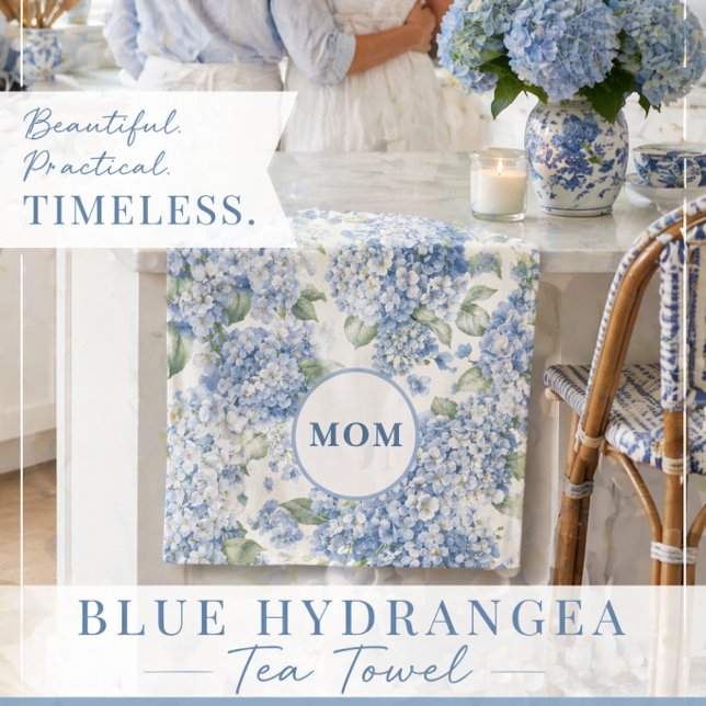 Blue Hydrangea Tea Towel MOM Gift (Looking for the perfect gift for Mom? This elegant blue hydrangea tea towel is timeless and charming)