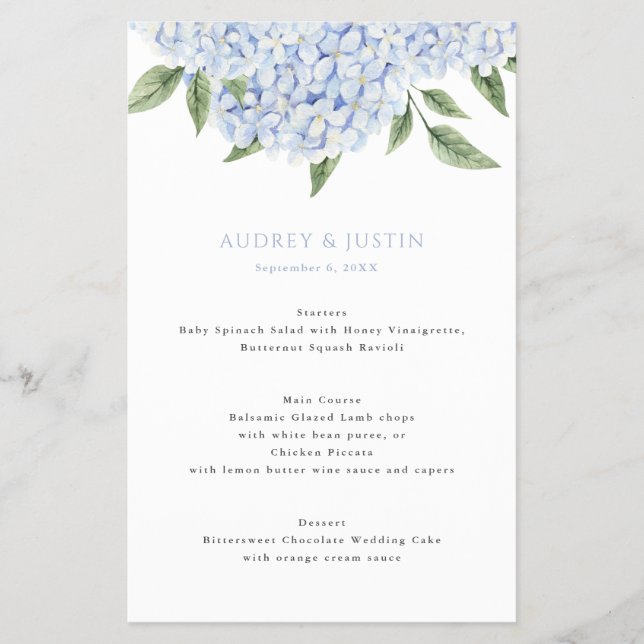 Blue Hydrangea Top Border Wedding Paper Menu (Front)