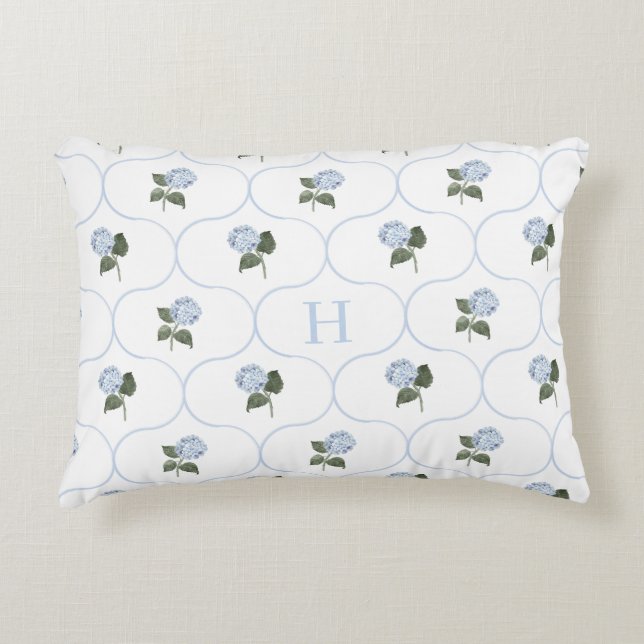Blue Hydrangea Trellis Monogram   Accent Pillow (Front)