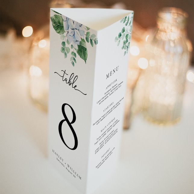 Blue Hydrangea Tri-Fold Wedding Menu Table Number (Creator Uploaded)