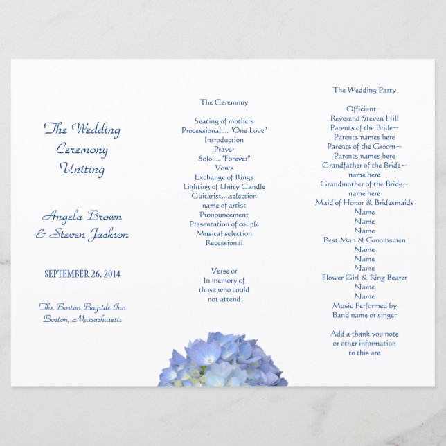 Blue Hydrangea Tri-Fold Wedding Program Template (Front)