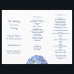 Blue Hydrangea Tri-Fold Wedding Program Template<br><div class="desc">Tri-fold wedding program in white with blue text and a blue hydrangea flower design. Fold into thirds after purchase to create three pages with title, names, date and location of service on front. The middle section contains the ceremony information with the right hand side for listing the wedding party, personal...</div>