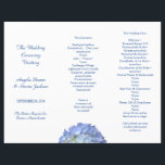 Blue Hydrangea Tri-Fold Wedding Program Template<br><div class="desc">Tri-fold wedding program in white with blue text and a blue hydrangea flower design. Fold into thirds after purchase to create three pages with title, names, date and location of service on front. The middle section contains the ceremony information with the right hand side for listing the wedding party, personal...</div>