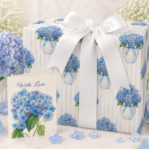Blue Hydrangea Vase Coastal Wrapping Paper