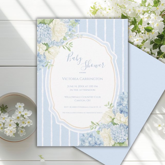 Blue Hydrangea Vintage Frame Baby Shower  Invitation (Creator Uploaded)
