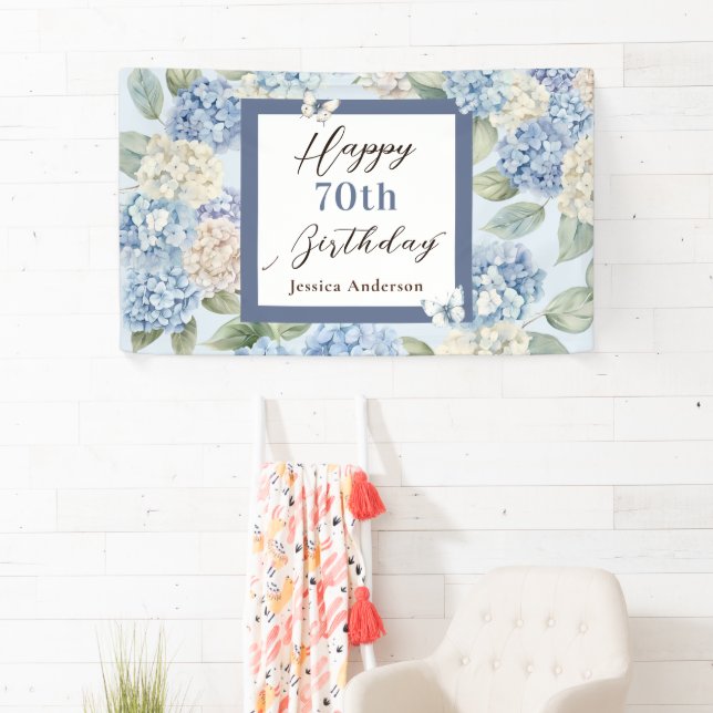 Blue Hydrangea Watercolor 70th Birthday Banner (Insitu)