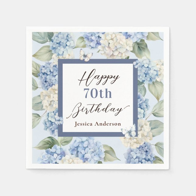 Blue Hydrangea Watercolor 70th Birthday Napkin (Front)