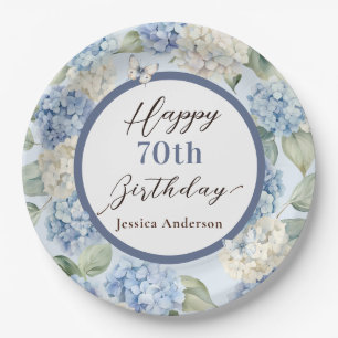 Blue Hydrangea Watercolor 70th Birthday Paper Plate