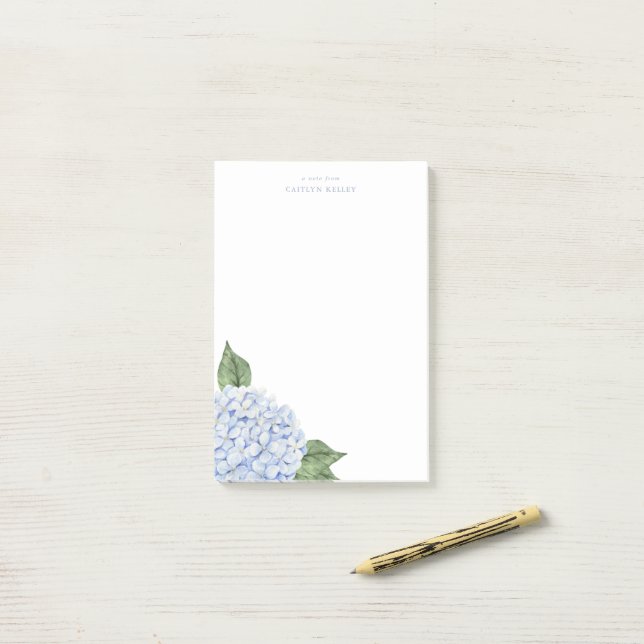 Blue Hydrangea Watercolor Bloom Personalized Post-it Notes (On Desk)
