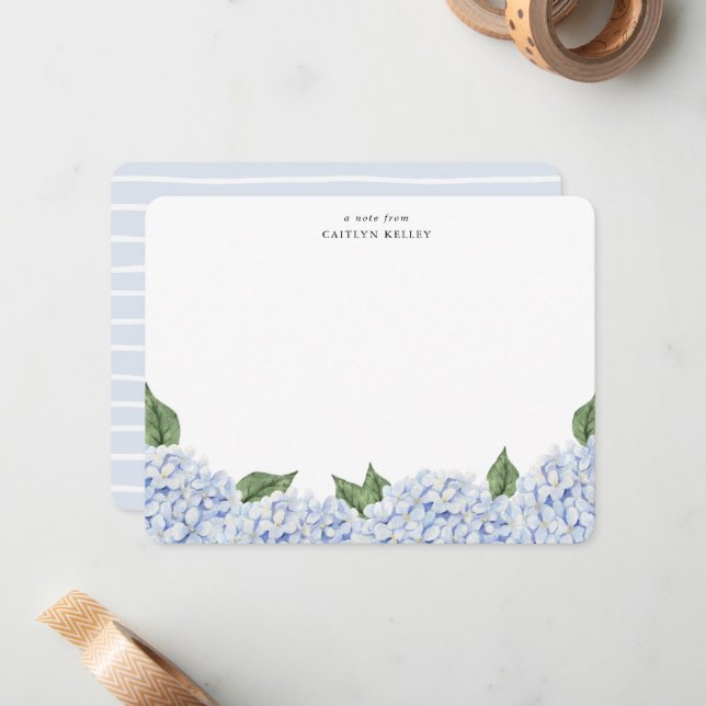 Blue Hydrangea Watercolor Border w/Stripes, Custom Card (Front/Back In Situ)