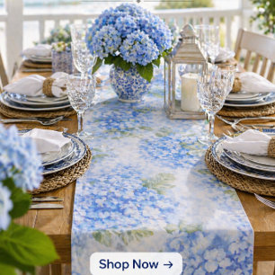 Blue Hydrangea Watercolor Coastal Table Runner