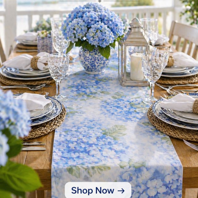 Blue Hydrangea Watercolor Coastal Table Runner (Elevate your table instantly with this coastal hydrangea runner perfect for elegant entertaining)