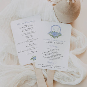 Blue Hydrangea Watercolor Crest Wedding Program Hand Fan