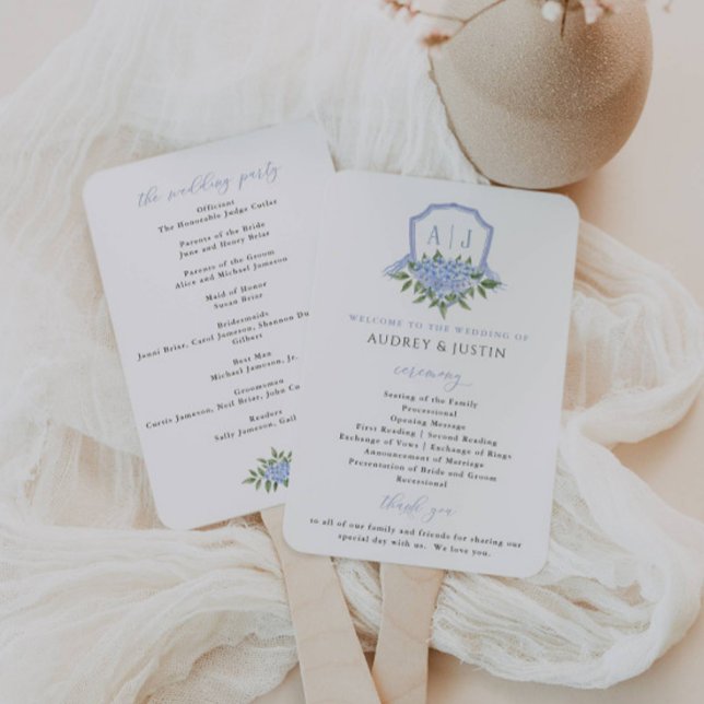 Blue Hydrangea Watercolor Crest Wedding Program Hand Fan (Creator Uploaded)