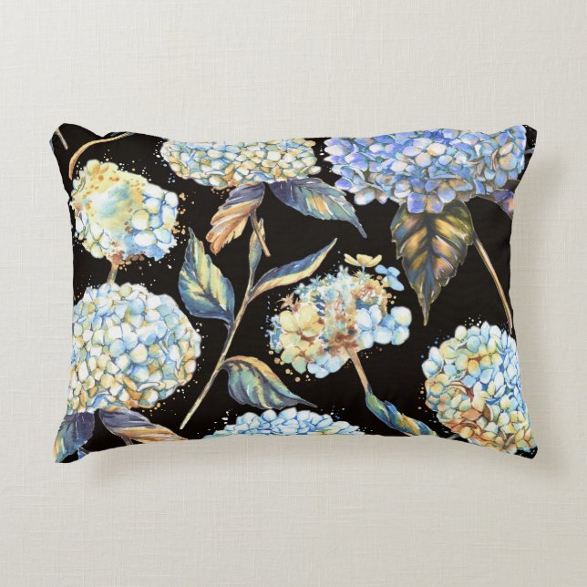 Blue Hydrangea Watercolor: Dark Seamless Pattern Accent Pillow (Front)