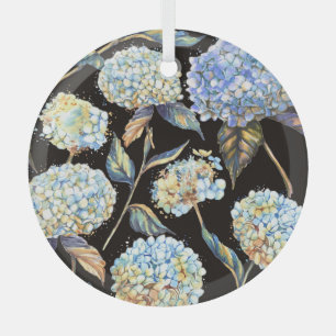 Blue Hydrangea Watercolor: Dark Seamless Pattern Glass Ornament