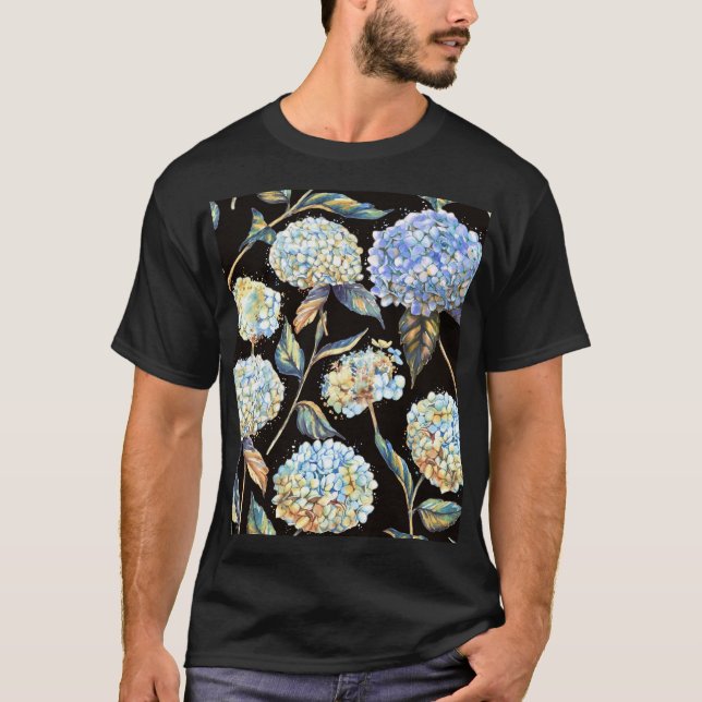 Blue Hydrangea Watercolor: Dark Seamless Pattern T-Shirt (Front)