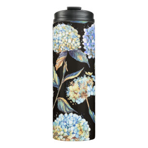 Blue Hydrangea Watercolor: Dark Seamless Pattern Thermal Tumbler