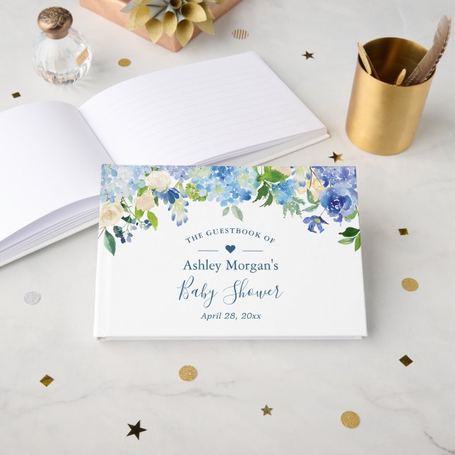 Blue Hydrangea Watercolor Floral Baby Shower Guest Book (Front Open)