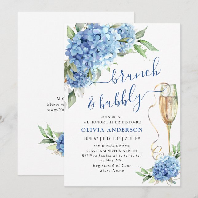 Blue Hydrangea Watercolor Floral Brunch and Bubbly Invitation (Front/Back)