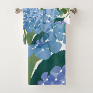 Blue Hydrangea Watercolor Floral Coastal Bath Towel Set