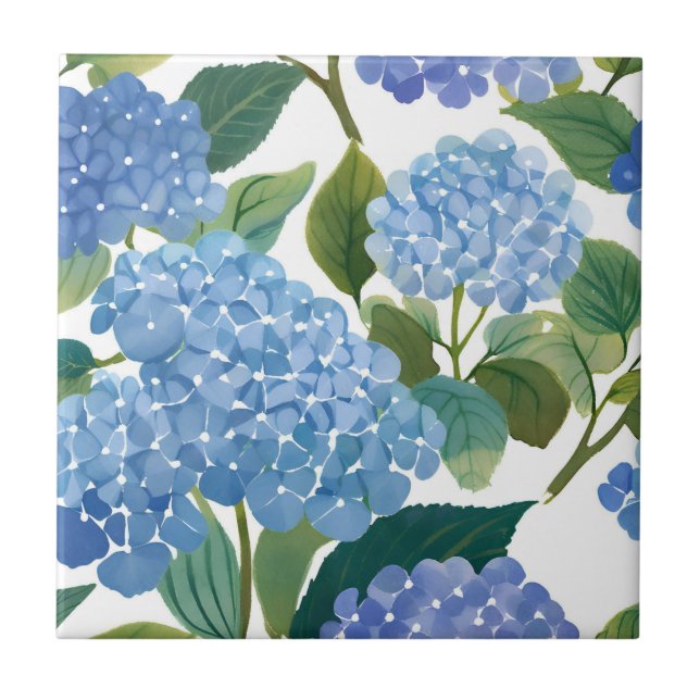 Blue Hydrangea Watercolor Floral Coastal Tile (Front)