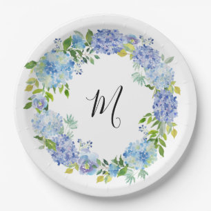 Blue Hydrangea Watercolor Floral Monogram Paper Plate