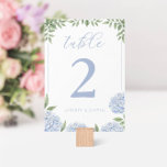 Blue Hydrangea Watercolor Floral Personalized Table Number<br><div class="desc">This beautiful floral table number card features watercolor blue hydrangea flowers and your custom text on both sides of the card. Use the template to fill in your information. The "Customize further" feature can be used to change the font (size, style, colour), add more lines of text or change the...</div>