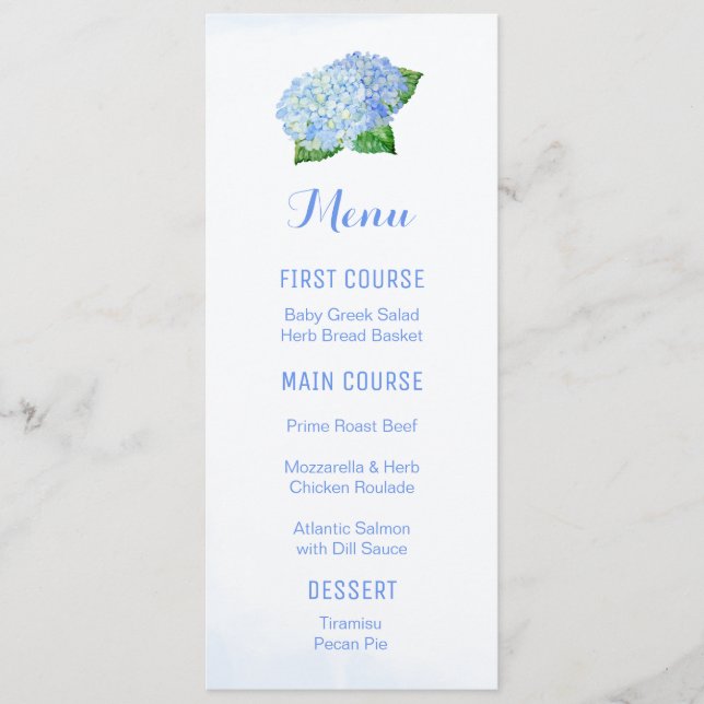 Blue Hydrangea Watercolor Flower Menus (Front)
