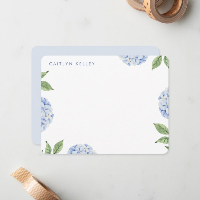 Blue Hydrangea Watercolor Flowers, Custom Flat Card (Front/Back In Situ)