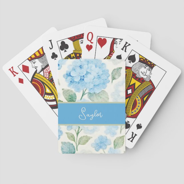 Blue Hydrangea Watercolor Name Playing Cards (Back)