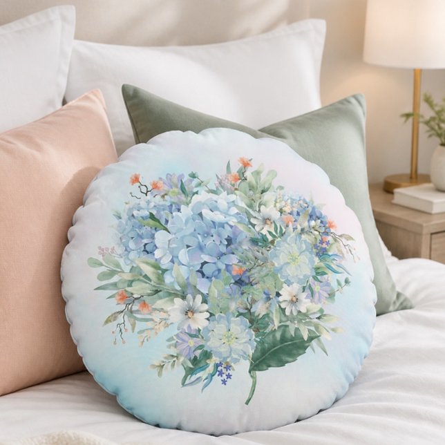 Blue Hydrangea Watercolor Round Pillow (Creator Uploaded)