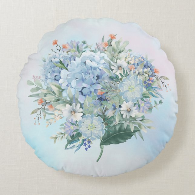 Blue Hydrangea Watercolor Round Pillow (Front)