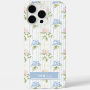 Blue Hydrangea Watercolor Striped Personalized iPhone 16 Pro Max Case