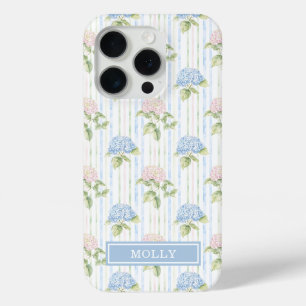 Blue Hydrangea Watercolor Striped Personalized iPhone 15 Pro Case