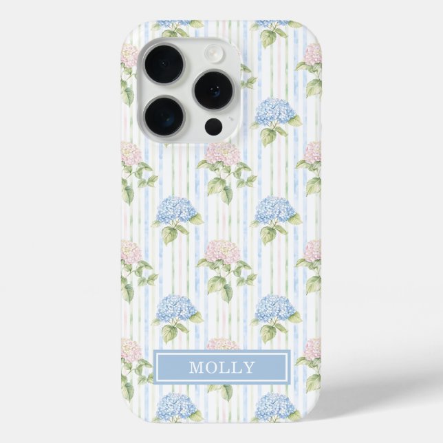 Blue Hydrangea Watercolor Striped Personalized Case-Mate iPhone Case (Back)