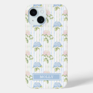 Blue Hydrangea Watercolor Striped Personalized iPhone 15 Case
