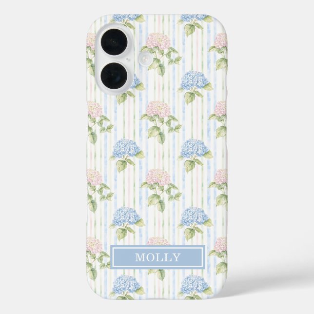 Blue Hydrangea Watercolor Striped Personalized Case-Mate iPhone Case (Back)
