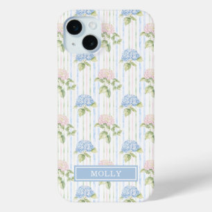 Blue Hydrangea Watercolor Striped Personalized iPhone 15 Mini Case