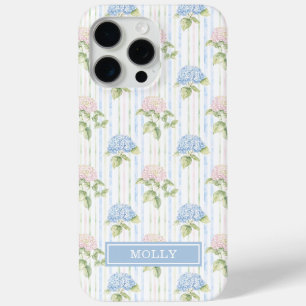 Blue Hydrangea Watercolor Striped Personalized iPhone 15 Pro Max Case